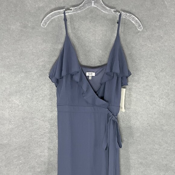 Tobi Dress Women Sz M Blue Slate V-Neck Ruffle Trim Wrap Spaghetti Straps Maxi - Picture 5 of 16